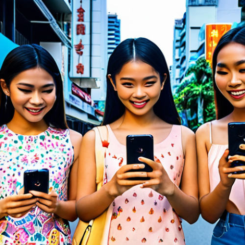 **A group of stylish Thai teenagers excitedly using AR apps on their smartphones in a vibrant, modern Bangkok setting. AR overlays showing fantastical creatures, digital art, and trendy fashion filters.**