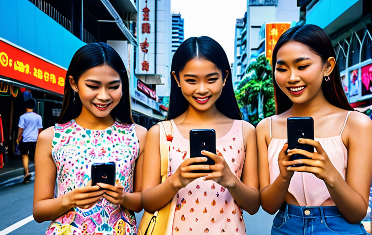 **A group of stylish Thai teenagers excitedly using AR apps on their smartphones in a vibrant, modern Bangkok setting. AR overlays showing fantastical creatures, digital art, and trendy fashion filters.**