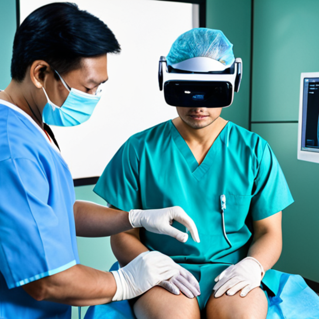 **Theme:** Thai Surgeon Training with XR
*Prompt:* A professional Thai surgeon wearing scrubs and a VR headset, performing a simulated surgery on a holographic patient, modern operating room background, fully clothed, appropriate attire, safe for work, perfect anatomy, professional medical training environment, high quality.