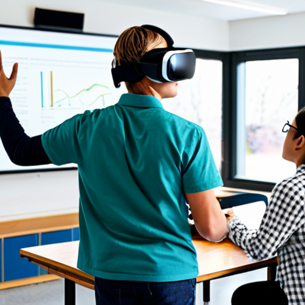 VR 교육 콘텐츠에서의 효과적인 상호작용 설계 - VR Classroom Interaction**
"A diverse group of students wearing VR headsets in a bright, modern cla...