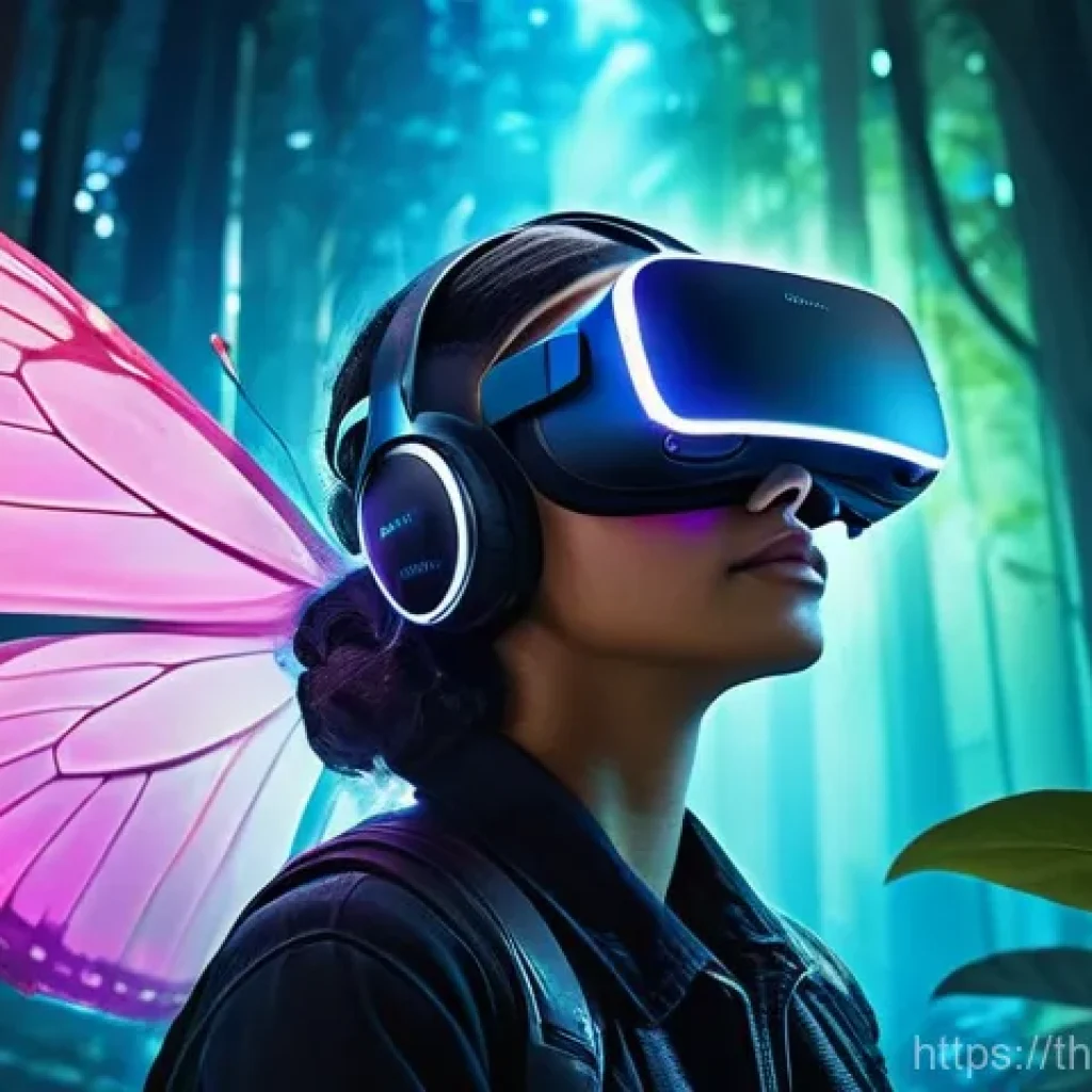 VR 경험에서의 스토리텔링 기법 - **Prompt:** A young, diverse adult, gender-neutral, wearing a sleek, futuristic VR headset, is deepl...