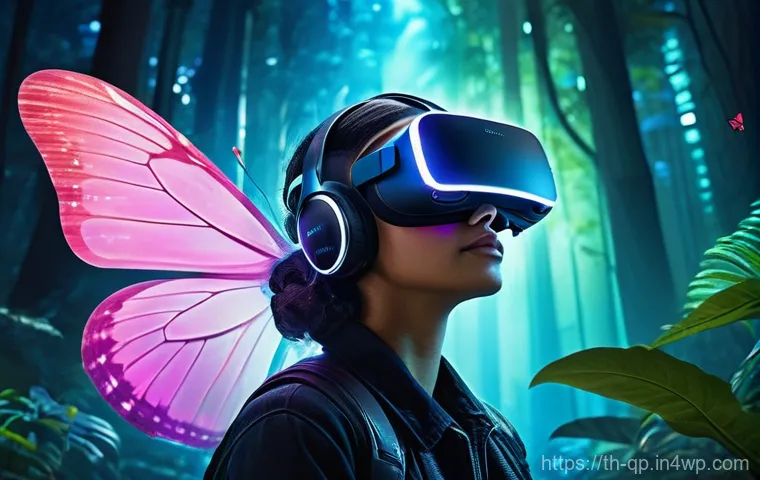 VR 경험에서의 스토리텔링 기법 - **Prompt:** A young, diverse adult, gender-neutral, wearing a sleek, futuristic VR headset, is deepl...