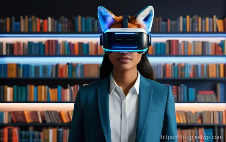 VR 경험에서의 스토리텔링 기법 - **Prompt:** A young, diverse adult, gender-neutral, wearing a sleek, futuristic VR headset, is deepl...