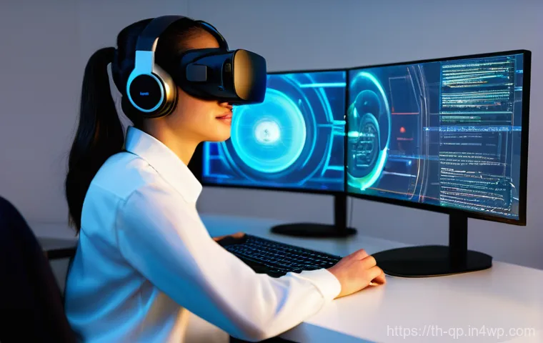 VR 경험에서의 스토리텔링 기법 - **Prompt:** A diverse young adult, gender-neutral, stands within a beautifully rendered, interactive...