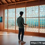 Home 21 사용자 몰입을 위한 XR 콘텐츠 디자인 전략 - A futuristic XR user interface scene set in a modern Thai-style room with warm natural light filteri...