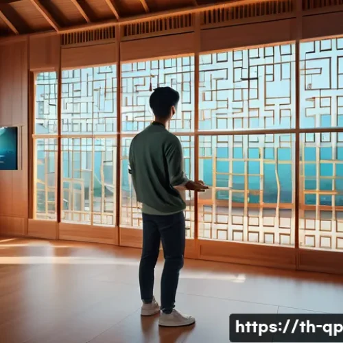 Home 33 사용자 몰입을 위한 XR 콘텐츠 디자인 전략 - A futuristic XR user interface scene set in a modern Thai-style room with warm natural light filteri...