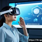 Home 20 VR 콘텐츠의 디자인 트렌드와 전망 - A detailed futuristic virtual reality user interface scene set in a sleek, modern Thai tech hub, fea...