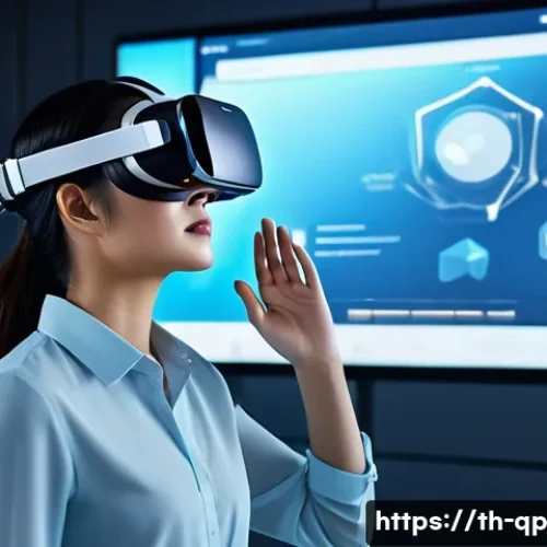 Home 32 VR 콘텐츠의 디자인 트렌드와 전망 - A detailed futuristic virtual reality user interface scene set in a sleek, modern Thai tech hub, fea...