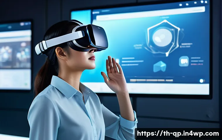 VR 콘텐츠의 디자인 트렌드와 전망 - A detailed futuristic virtual reality user interface scene set in a sleek, modern Thai tech hub, fea...