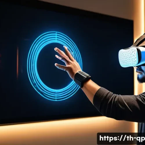 Home 31 XR 상호작용 디자인을 위한 최신 기술 동향 - A futuristic virtual reality scene showcasing a user wearing advanced hybrid sensor VR goggles combi...