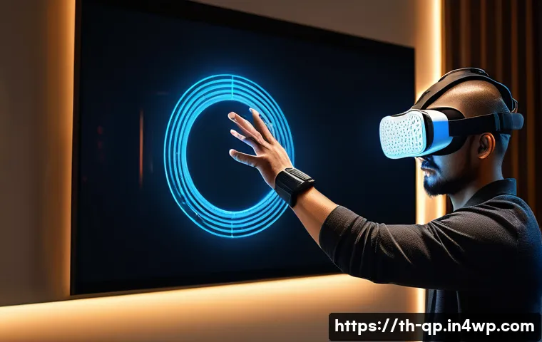 XR 상호작용 디자인을 위한 최신 기술 동향 - A futuristic virtual reality scene showcasing a user wearing advanced hybrid sensor VR goggles combi...