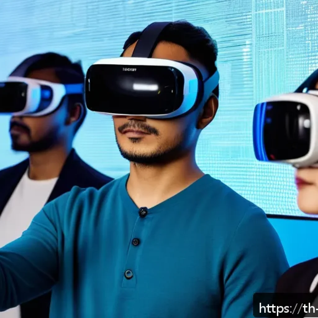 VR 환경에서의 인터랙션 개선을 위한 사용자 연구 - A high-tech virtual reality lab scene showing a diverse group of adult users wearing modern VR heads...