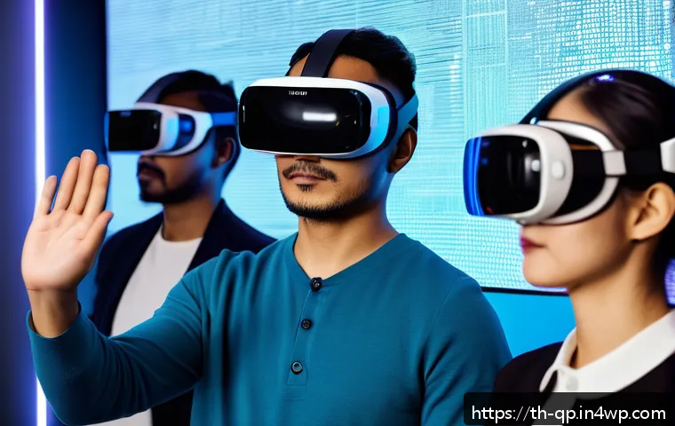 VR 환경에서의 인터랙션 개선을 위한 사용자 연구 - A high-tech virtual reality lab scene showing a diverse group of adult users wearing modern VR heads...