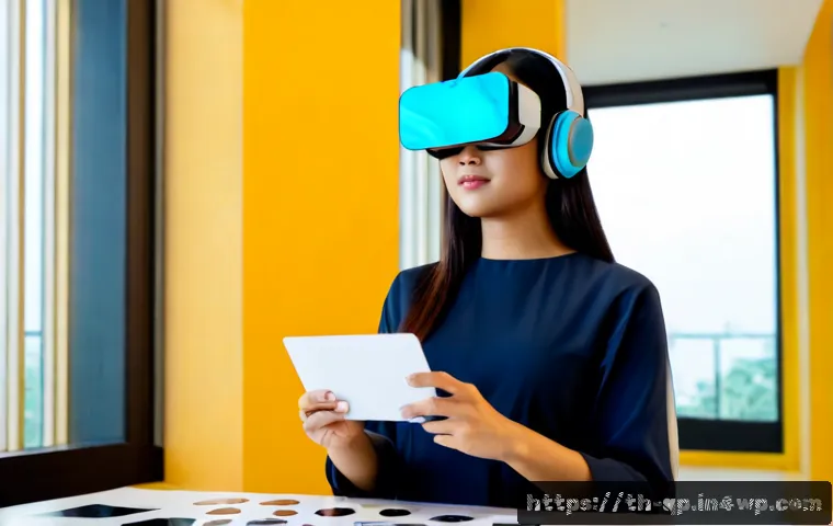 Home 17 XR 콘텐츠 디자인에서의 스토리텔링 기법 - Photorealistic Thai XR content designer in a modern Bangkok creative studio, wearing a mixed-reality...