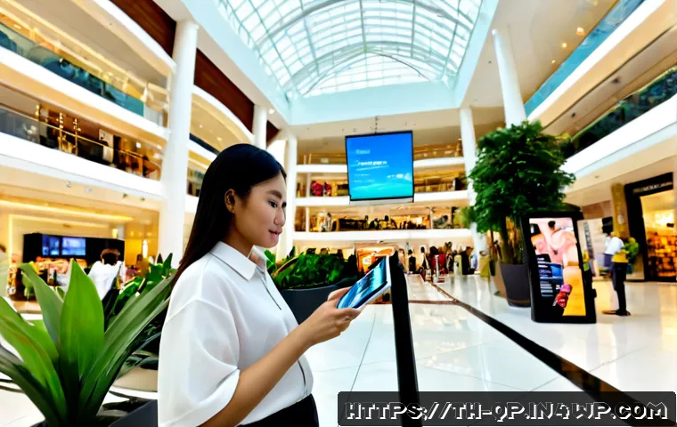 AR 기술을 활용한 혁신적인 마케팅 디자인 - Photorealistic modern Bangkok shopping mall atrium, a Thai marketing designer using a tablet to view...