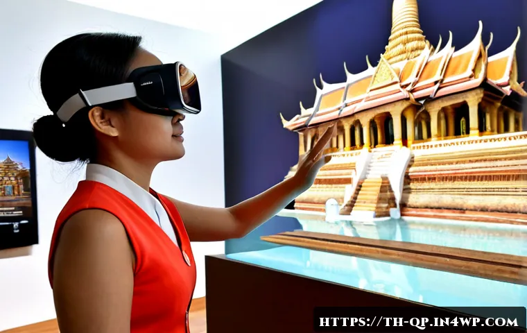XR 콘텐츠 상호작용 디자인 성공 사례 분석 - Photorealistic Thai museum interactive XR exhibit, a middle-aged Thai woman wearing a sleek mixed-re...